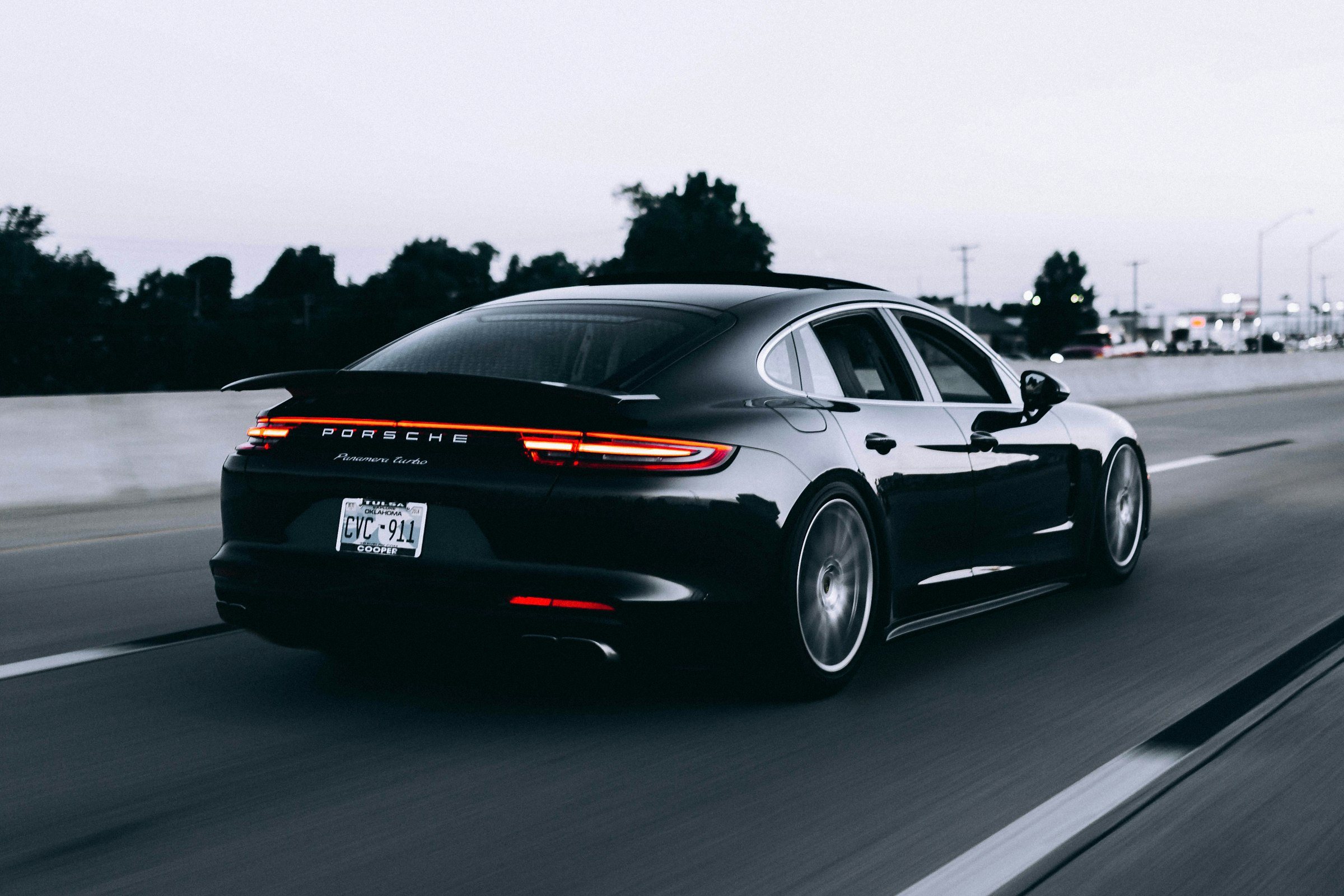 Performance sedan at dusk